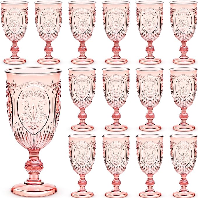 24 Pcs Plastic Goblets 7.5oz Vintage Goblet Plastic Wine Glasses Colored Retro Embossed Water Goblets for Wine Bar Juice Baby Shower Wedding Reception Grand Event Party (Pink)