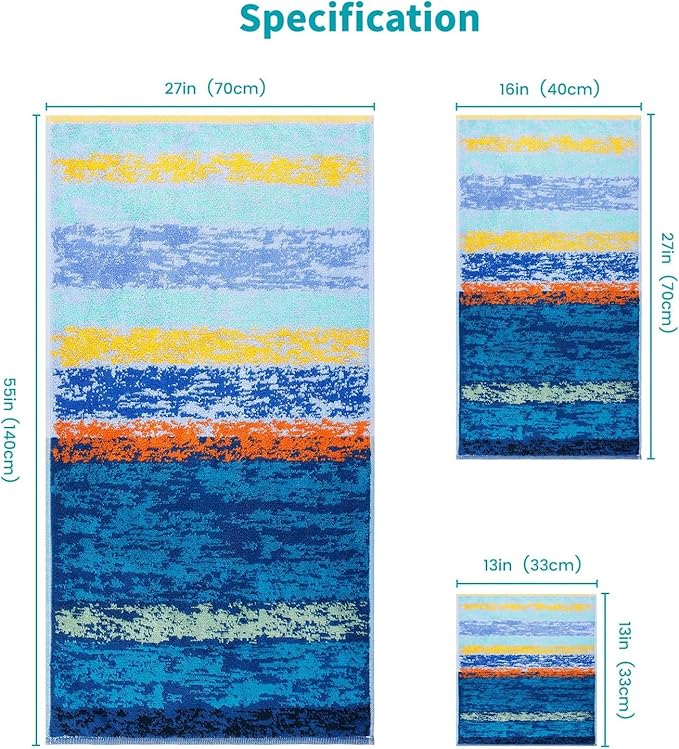 SEMAXE Bath Towel Set of 8 Include 2 Bath Towels, 2 Hand Towels, 4 Washcloths, 100% Cotton Bathroom Towels with Hanging Loops and Nano-Bio Lifecycle Labels,Colorful Towel - The Starry Night Collection