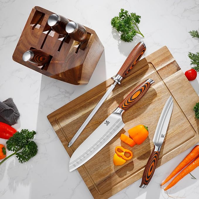 MSY BIGSUNNY 7pcs Knife Block Set, German Steel Chef Knife Set, Precious Pakkawood Handle for Kitchen Knife Block Set