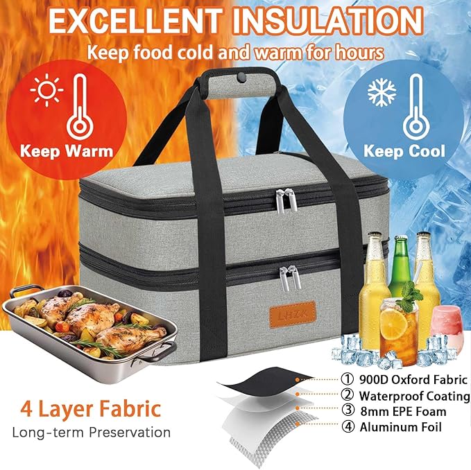 LHZK Double Insulated Casserole Carrier for Hot or Cold Food, Lasagna Holder Tote for Potluck Parties, Beach, Picnic, Travel, Fits 11x15 or 9x13 Dish (Grey)