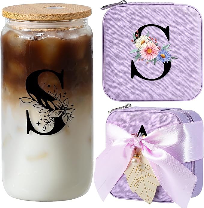 AYGXU Initial glass cups with lids and straws,personalized gifts for women,iced coffee cups,travel jewelry case organizer,small jewelry travel case,jewelry box for girls.Initial S purple
