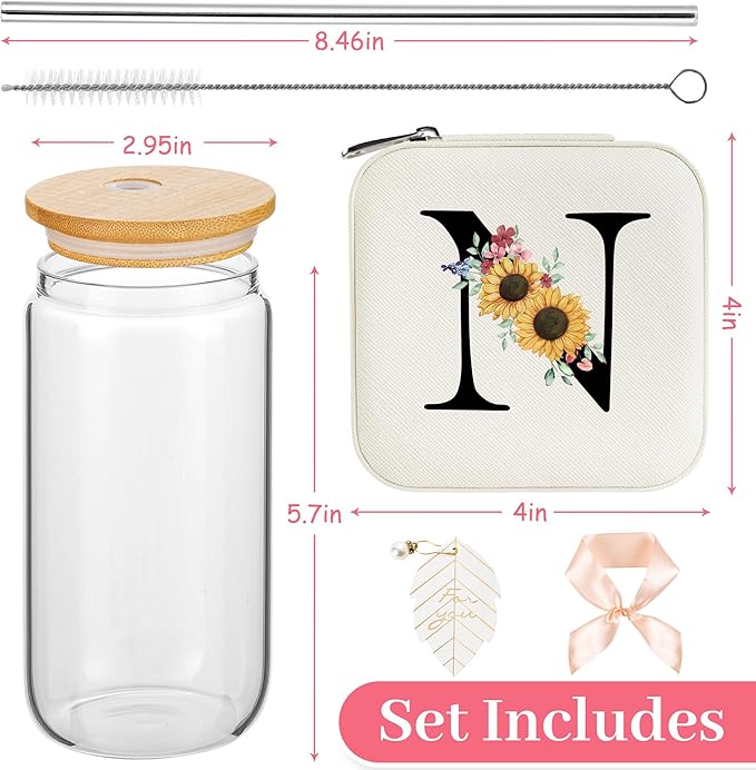 AYGXU Initial Glass Cup,Monogrammed Gifts, Small jewelry travel case,Travel Jewelry Box for Women Teen Girls,Travel Essentials,Cute Tumbler Cup with lid,Travel Jewelry Organizer,Initial white N