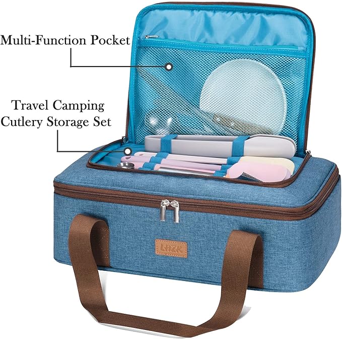 LHZK Double Decker Insulated Casserole Carrier for Hot or Cold Food, Expandable Hot Food Carrier, Lasagna Holder Tote for Potluck Parties, Picnic, Beach, Fits 11 x 15 or 9 x 13 Baking Dish (Blue)