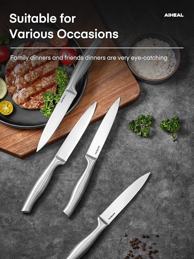 Aiheal Steak Knives, Stainless Steel Steak Knives Set of 8, Never Needs Sharpening Dinner Steak Knife Set, Sharp Micro Serrated Knives