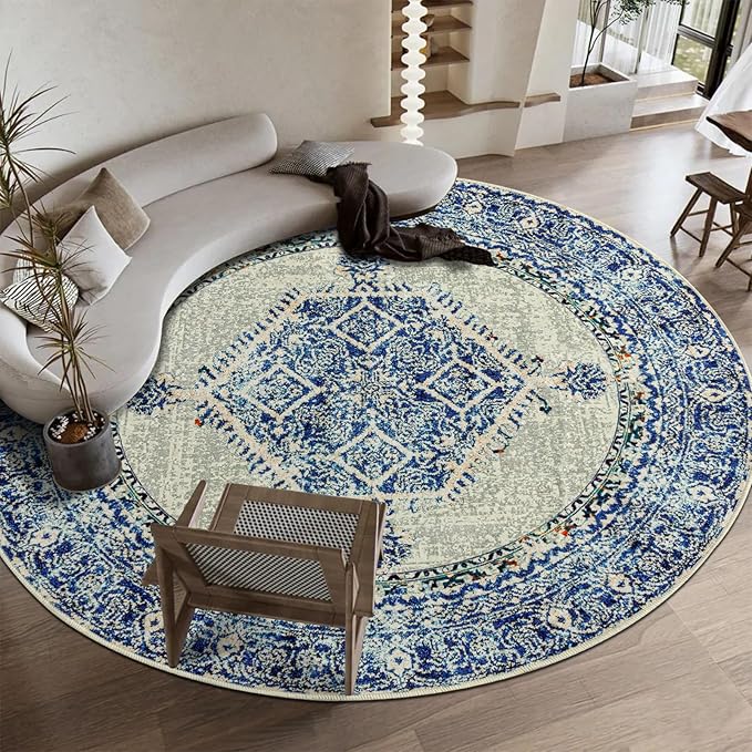 Easy-Going Round Rug 5ft Area Rug Washable Boho Circle Rugs for Living Room Non-Slip Bedroom Rug Low Pile Lightweight Medallion Distressed Throw Rug for Dining Room Kitchen Office, Vintage Blue Cream