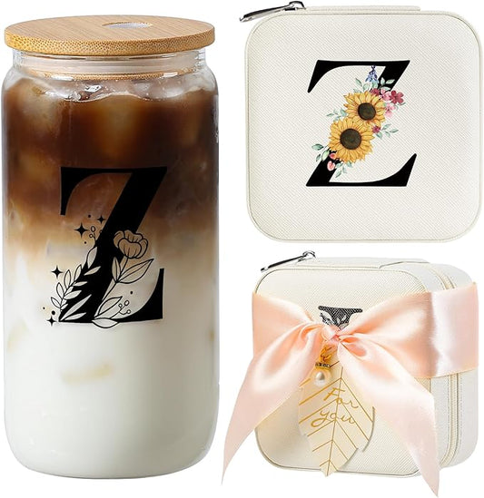 AYGXU Glass Cups with Lids and Straws, Tumblers with Brushes, Small Jewelry Organizer Box, Birthday and Travel Gifts for Women and Girls, High School Graduation Gift for Her, Initial Z White