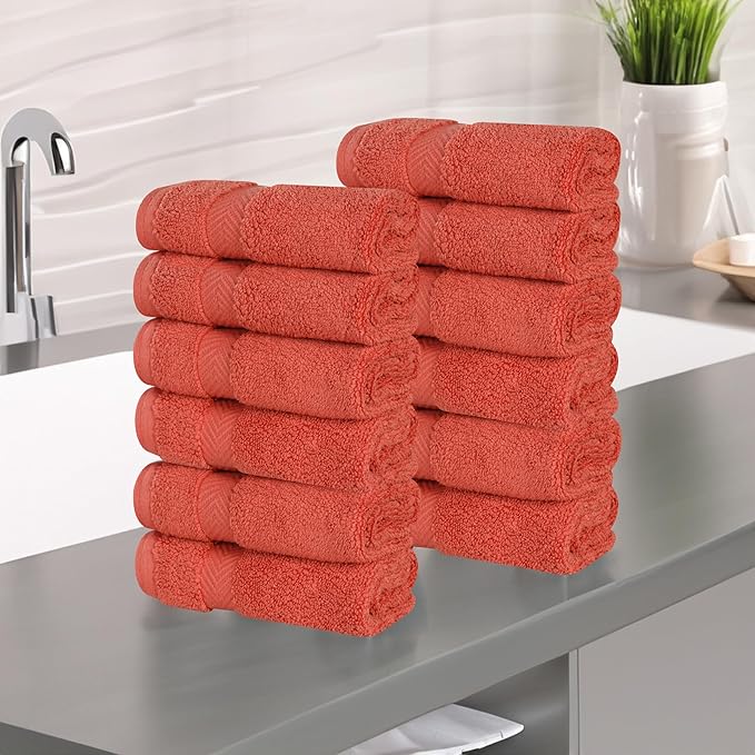 Superior Cotton Face Towel/Washcloth Set, Small Facial Towels, Spa, Hotel, Guest, Home, Bathroom Basics, Plush Soft Absorbent, Luxury Quick Drying, Zero Twist Collection, Set of 12, Brick
