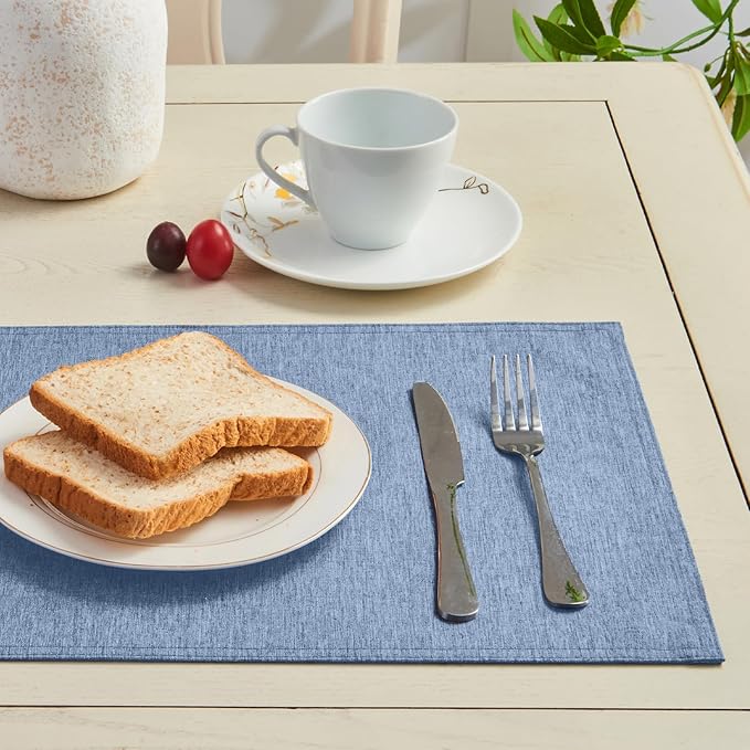 Cloth Place Mats Set of 8–Reusable Rectangular Waterproof Fabric Polyester Washable Wipeable Heat Resistant Linen for Kitchen Dining Dinner Restaurant Wedding Table(Denim blue/13x19 Inch)