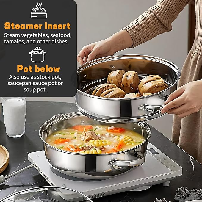 Steamer Pot Stainless Steel 2 Tier - 28cm Steamer Pot w/Glass Lid Food Veg Cooker Pot Cooking Pan Steaming Pot Dim Sum Cookware Steamer For Kitcken Cooking Tool
