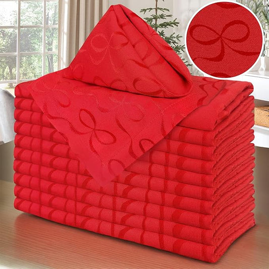 Red Bow Napkins Cloth, Square Napkins 18"x18" - Cotton & Polyester | Wrinkle/Fade Resistant - 12PC Reusable Napkins Washable, Christmas Table Napkin for Wedding, Dinner & Party, Bow Jacuqard