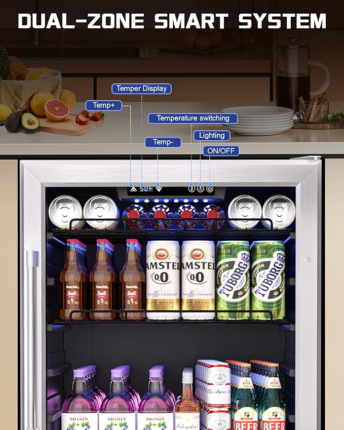 24-Inch Beverage Refrigerator, 200-Can Glass Door Cooler with Adjustable Shelves, Quiet Cooling, Freestanding or Under-Counter – Compatible with Beer, Soda, Wine, Milk, Suita