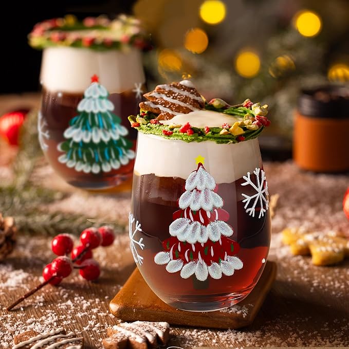 Joeyan Christmas Crystal Red Stemless Wine Glasses,Hand Painted Red or White Wine Glass Tumbler Cups,Large Xmas Tree and Snowflakes Patterned Drinking Glasses,Gift for Men Women Family,19 oz,Set of 2