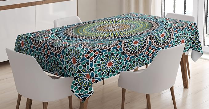 Ambesonne Geometric Tablecloth, Traditional Exotic Illustration Style Moroccan Culture Design Art Print, Rectangular Table Cover for Dining Room Kitchen Decor, 60" X 90", Slate Blue and Ruby