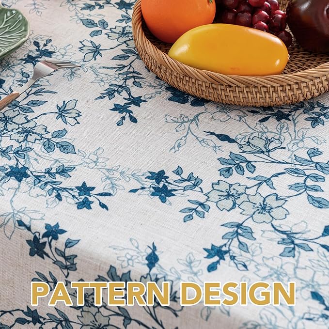 H.VERSAILTEX Linen Table Cloths Floral Printed Tablecloth Spill-Proof Waterproof Table Cover for Dining Buffet Feature Soft and Thick Fabric Wrinkle Free, 60 x 84 Inch, Retro Floral - Stone Blue