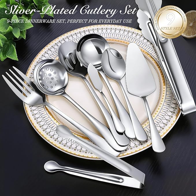 MWELLEWM 17Pcs Serving Utensils, Silver Stainless Steel Large Serving Spoons, Slotted Spoon, Fork, Tongs, Cake Pie Server, Soup Spoon Metal Buffet Banquet Cutlery Set for Parties Entertaining Catering