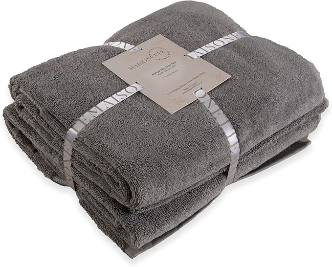 Maisonette Elegance 100% Organic Cotton Turkish Bath Sheets - Soft Absorbent Oversized Bathroom Towels - Ideal Quick Dry Extra Large Luxury Towel Set for Shower (35" x 70", 2 Pack) - Dark Grey (Stone)