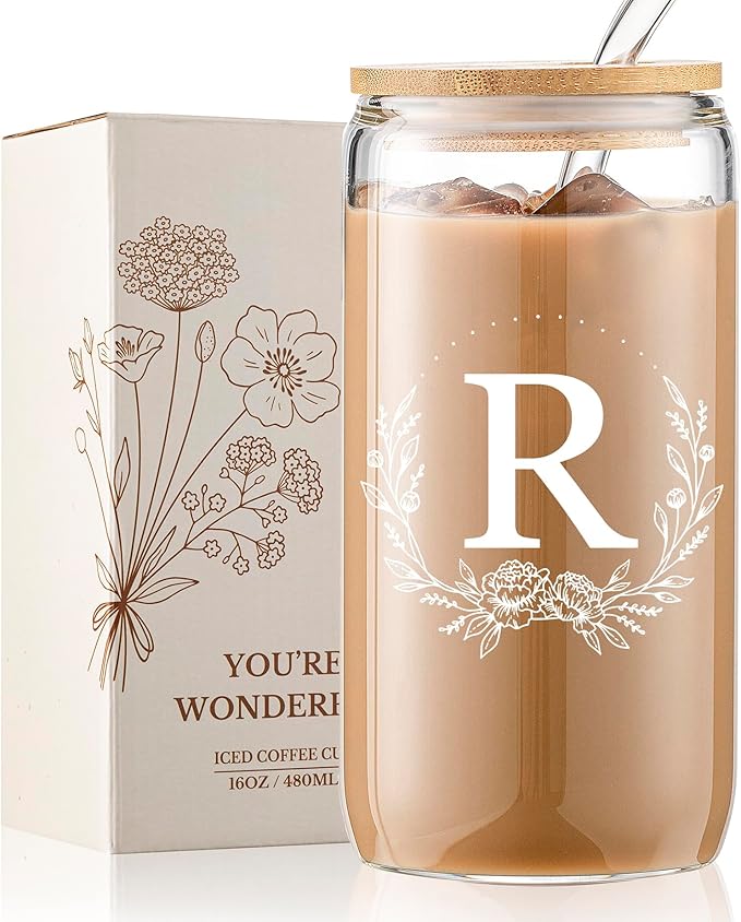 Personalized Gifts for Women, Monogrammed 16oz Glass Cups with Bamboo Lids and Straws, Customized Glass Tumbler, Cute Custom Mug, Customizable Initial Iced Coffee Glasses, Birthday Bridesmaid Mom, R