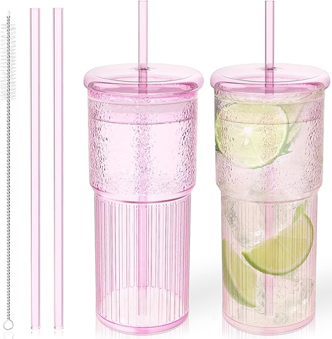 Glass Cups with Lids and Glass Straws, High Borosilicate 20OZ Pink Tumblers (2Pcs) for Coffee, Tea, Juice, Smoothies, Hot & Cold Drinks at Home/Office