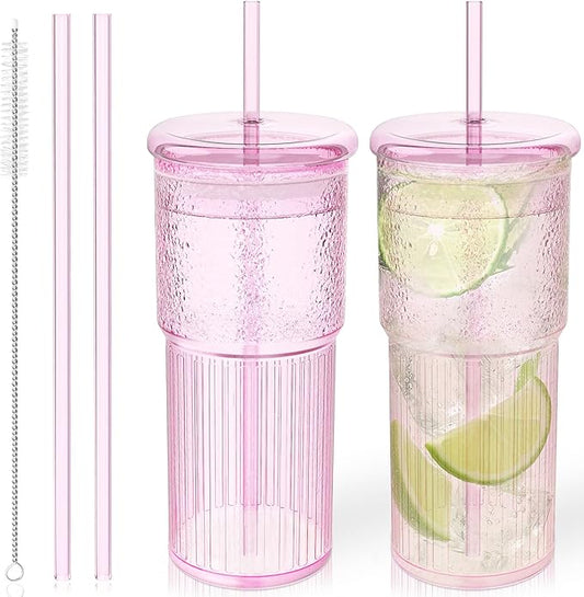 Glass Cups with Lids and Glass Straws, High Borosilicate 20OZ Pink Tumblers (2Pcs) for Coffee, Tea, Juice, Smoothies, Hot & Cold Drinks at Home/Office