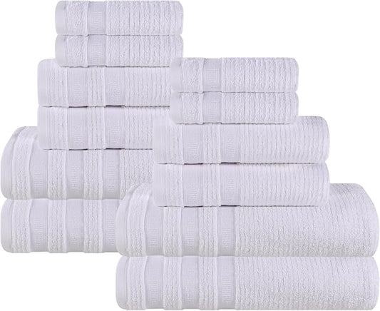Superior Cotton 12-Piece Towel Set, Zero Twist, Ribbed Geometric, Bathroom Essentials, Shower, Spa, Luxury Plush Soft Absorbent Towels, Includes 4 Bath, 4 Hand, 4 Washcloth/Face Towels, White