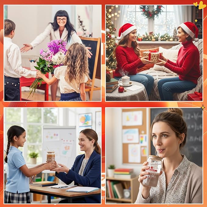 4 Pcs 16 oz Christmas Teacher Gifts for Women Teacher Appreciation Gifts Thank You Coffee Cup Tumbler Drinking Glass Beer Cups with Bamboo Lids Glass Straw Cleaning Brush for Employee Staff(Inspiring)