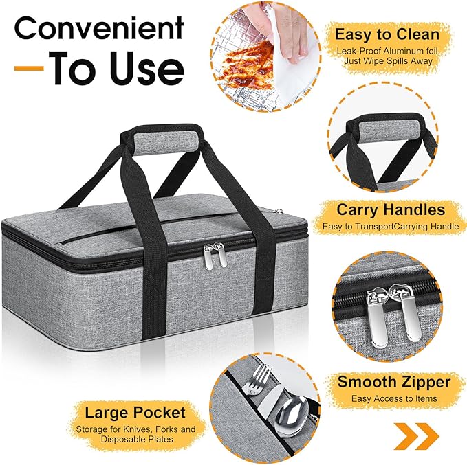 Insulated Casserole Carrier, Portable Casserole Carrier for Hot or Cold Food Lunch Tote Warmer or Cooler Bag, Lasagna Lunch Bag for Potluck Parties- Fits 9" x 13" Baking Dish-Light Gray
