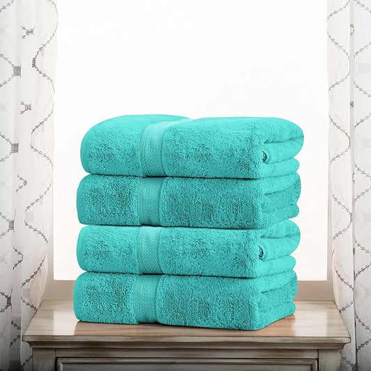 Superior Egyptian Cotton Pile Bath Towel Set of 4, Ultra Soft Luxury Towels, Thick Plush Essentials, Absorbent Heavyweight, Guest Bath, Hotel, Spa, Home Bathroom, Shower Basics, Turquoise