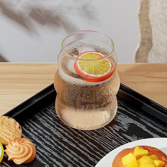 Koythin 2-Piece Ribbed Glass Cups, Vintage Drinking Glassware for Iced Coffee Juice Cocktails Milk Tea Beer, 16 oz/460 ml Cute Bubble Cup with Wave Shape (Cloudy Chubby)