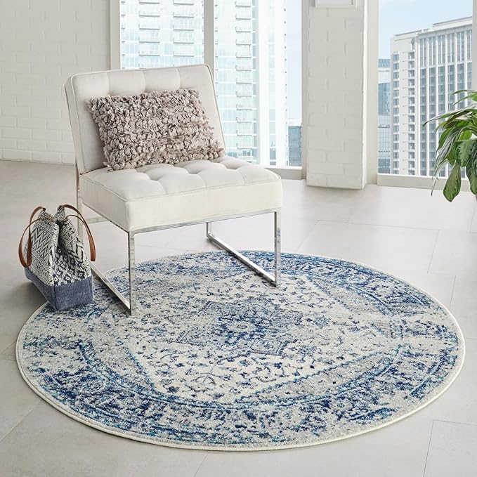Nourison Home Tranquil Ivory/Light Blue 5'3" x Round Area Rug - Easy Clean, Non Shedding, Bed Room, Living Room, Dining Room, Kitchen (5' x Round)