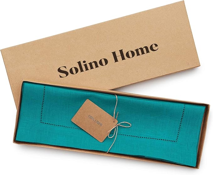 Solino Home Linen Placemats Set of 4 - Classic Hemstitch Teal Placemats 14 x 19 Inch - 100% Pure Linen Table Mats for New Year