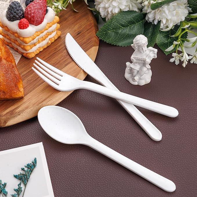 Supernal 180pcs Plastic Silverware Heavy Duty Matt White Silverware Reusable Plastic Cutlery Wheat Straw Reusable Spoon Knife Forks Set Tableware Dishwasher Microwave Safe