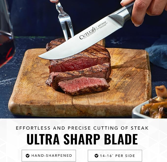 Cutluxe Steak Knives Set of 4, Straight Edge Steak Knife Set – Forged High Carbon German Steel, Full Tang, Ergonomic Handle Design – Artisan Series