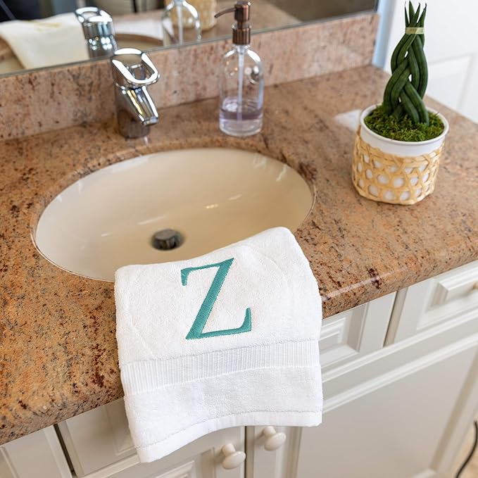 White Monogram Hand Towel for Bathroom - Monogrammed Initial Hotel Quality Decorative Embroidered Luxury Towel for Powder Room, Spa - GOTS Organic Certified - Set of 2 Teal Letter Z
