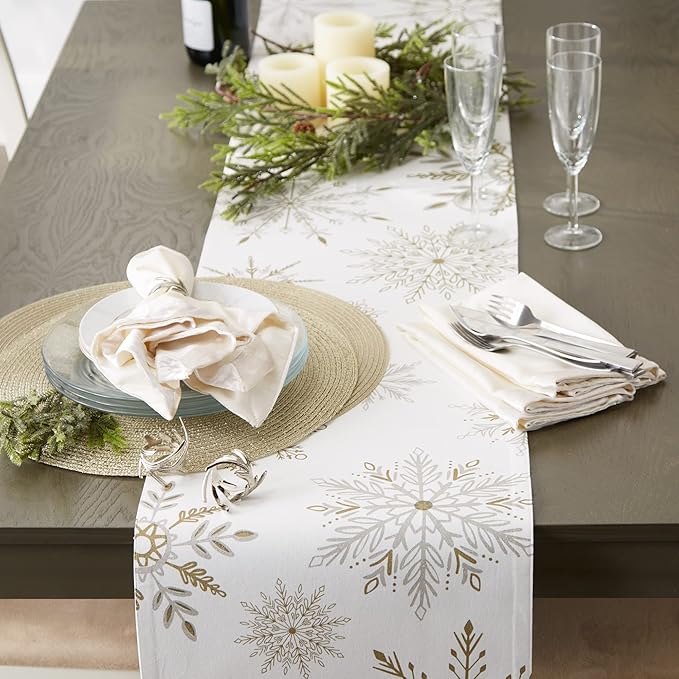 DII Holiday Dining Table Linen Sparkle Metallic Kitchen Décor, Table Runner, 14x72, Snowflakes Print