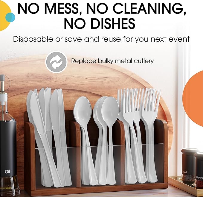 Party Solids 200 Pcs Heavy Duty Plastic Cutlery - White Disposable Flatware, Plastic Spoons