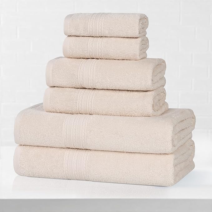 Superior Eco-Friendly Cotton 6-Piece Towel Set, Bathroom, Shower, Spa, Large and Small Assorted Towels for Home, Apartment, Dorm, 2 Bath, 2 Hand, 2 Face/Washcloth, Soft, Highly Absorbent, Ivory