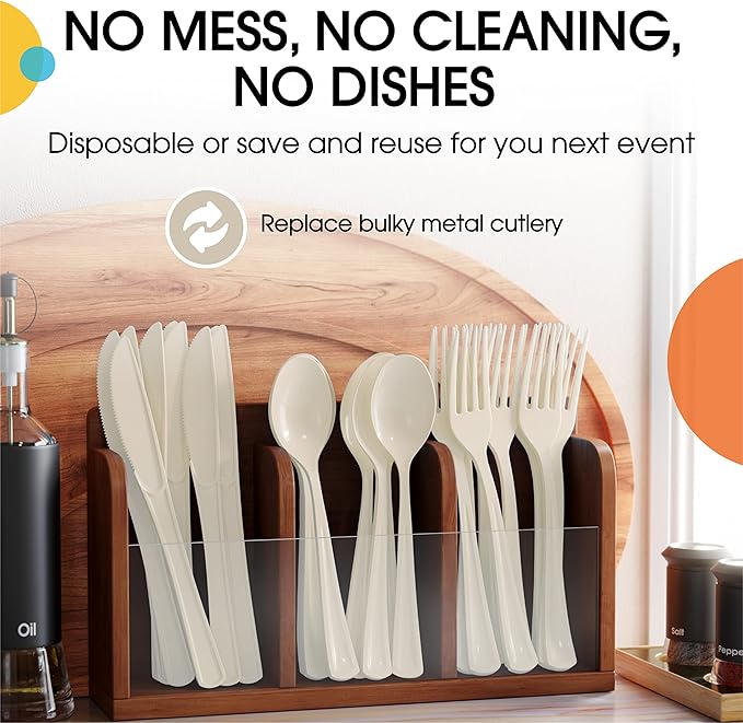 Party Solids Ivory Plastic Spoons 200 Pieces Ivory Spoons Disposable Utensils Heavy Duty Plastic Cutlery Set Disposable Cutlery Sets Flatware Sets Silverware Set Party Supplies & Party Tableware