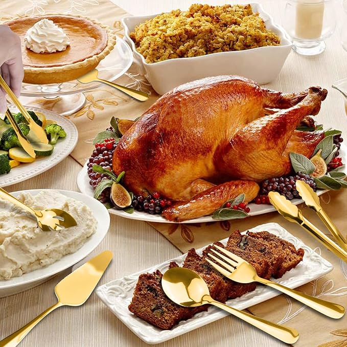 Serving Utensils, XEVOM 6-Piece Stainless Steel Serving Utensil Set Include Serving Spoon, Slotted Serving Spoon, Serving Fork,Serving Tong, Appetizers Tong,Pie Server(Gold)