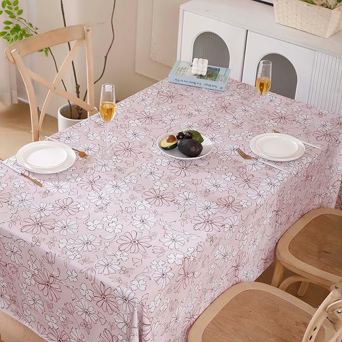 Heavy Duty Vinyl Tablecloth with Flannel Backing Waterproof Oil-Proof Plastic Table Cloth Stain-Resistant Wipeable Rectangle or Square Table Cover for Indoor and Outdoor (Red Flower，60x102 Inch)