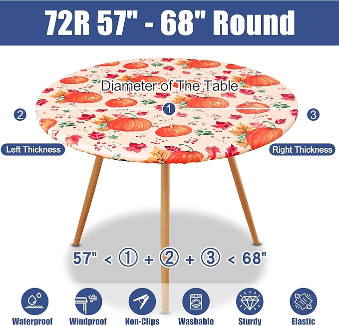 Round Spandex Thanksgiving Tablecloth, Elastic Fitted Waterproof Tablecloths for 57"-68" Tables, Stretch Washable Picnic Table Cover for Autumn Harvest Partiesr, Pumpkin Leaf