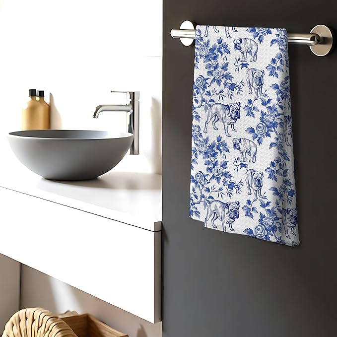 Chinoiserie Pug Kitchen Towels, Blue and White Floral Botanical Grandmillennial Dog Decor Dish Tea Towels, Pug Gifts Hand Towels for Kitchen Bathroom, 16x24 Inch