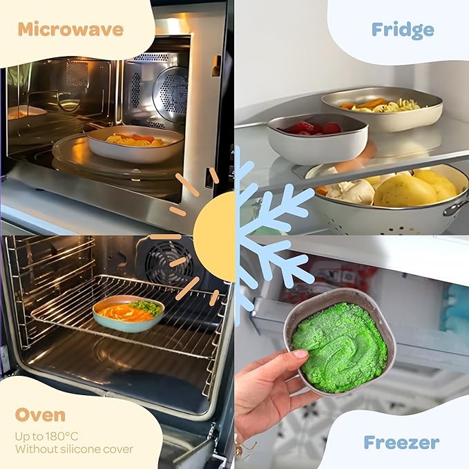 BEABA Stainless Steel Meal Set | Microwave and Oven Safe | Baby Plates Baby Bowls and Cup with Anti-Slip Silicone Cover | Kids Plates Non Toxic, Terracotta