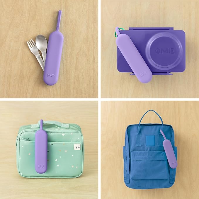 Omie OmieBox Travel Utensil Set | Fork and Spoon with Case for Easy Travel | Stainless Steel Fork and Spoon (Purple)