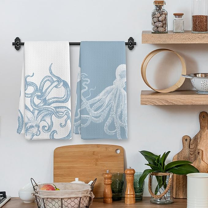 Coastal Light Blue Octopus Beach Decor Dish Hand Tea Towels for Bathroom Kitchen, Girly Octopus Ocean Nautical Beachy Bathroom Decor, Coastal Kitchen Towels and Dishcloths Sets of 2, 16x24 In