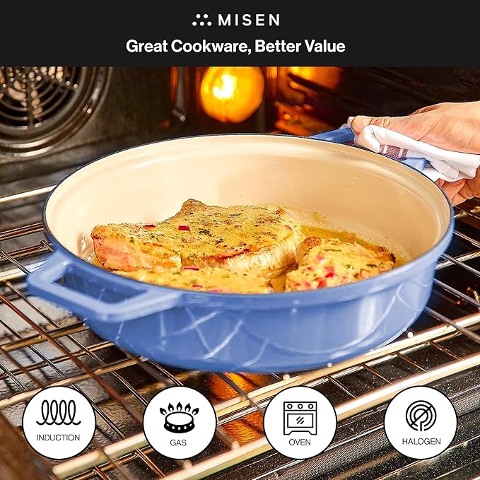 Misen 5.5 QT Braiser – Enameled Cast Iron Pan for Searing, Braising & Slow Cooking – No-Chip Enamel Coating – Extra-Wide Handles – Superior Heat Retention & Even Cooking - Blue