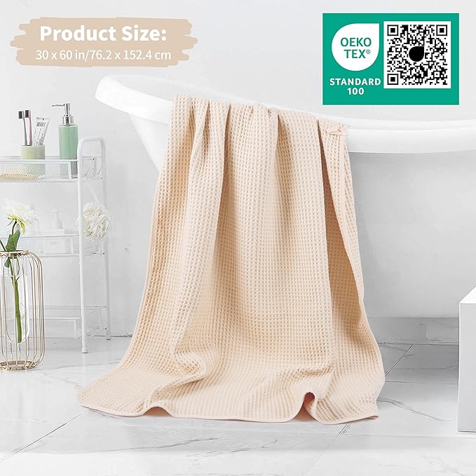 New Microfiber Waffle Bath Towels, 2 Pieces, Oversized, Soft, Absorbent, Fast Drying, Lint Free (Champagne)