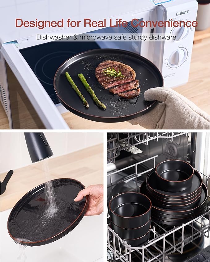 Famiware Nebula Ridge Stoneware Dinnerware Sets for 8, 24 Pieces Plates and Bowls Sets, Dishes Set, Microwave and Dishwasher Safe Kitchen Plates, Matte Black