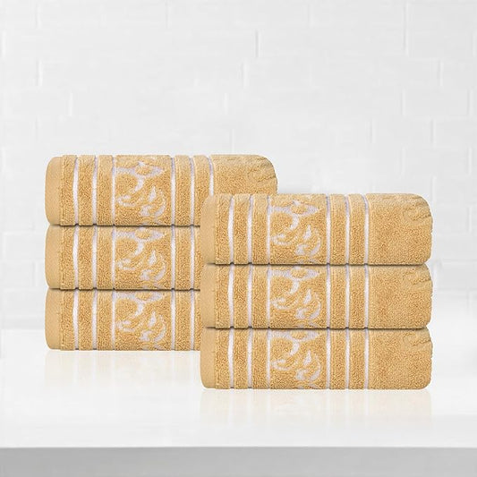 Superior Cotton Hand Towel Set, Small Towels, Plush Soft Absorbent Bathroom Basics, Home Essentials, Spa, Salon, Hotel, Kitchen, Luxury Quick Drying, Zero-Twist, Jacquard Floral, Set of 6, Gold