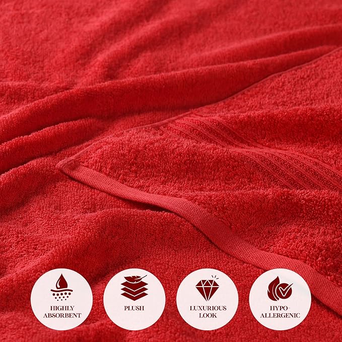 Superior Egyptian Cotton Bath Towel Set, Towels for Home Bathroom, Master, Guest Bath, Decor Essentials, Quick Dry, Absorbent, Large Body Towels, Spa, Hotel, Resort, Adult, Kids, Set of 4, Red