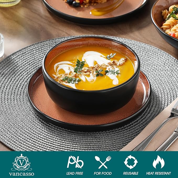 vancasso Plates and Bowls Sets, 24 Pieces Stoneware Dinnerware Sets for 8, Kitchen Dish Set Mircowave and Dishwasher Safe Ceramic Dishware, Dark Brown, Series AMBER